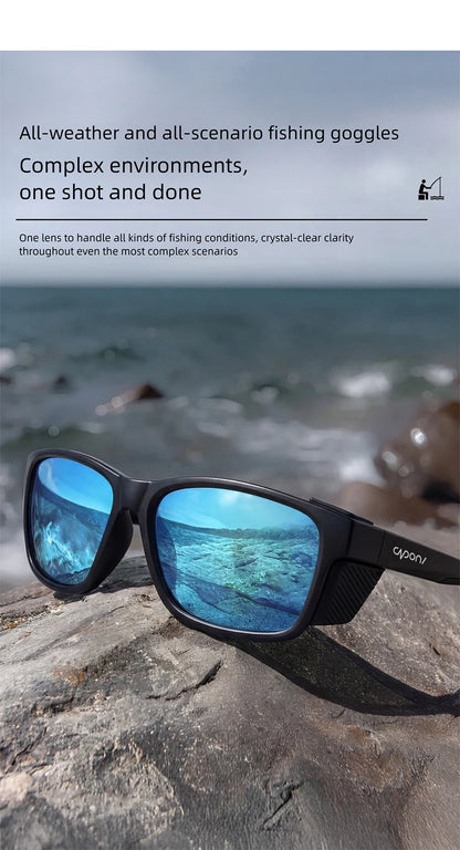 CAPONI Polarized Men Sunglasses Outdoor Sport Fishing Sun Glasses Square Anti-Oil and Water Blue HD Lenses Black Shades CP36505