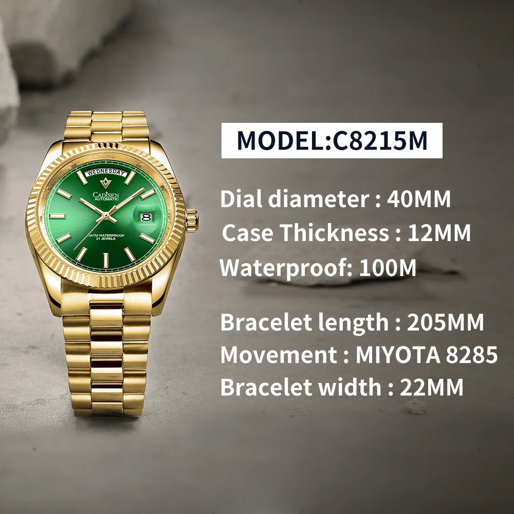 Relógio masculino CADISEN DD40 de luxo, automático, mecânico, com vidro de safira AR, 10Bar, movimento MIYOTA 8285, novidade 2023