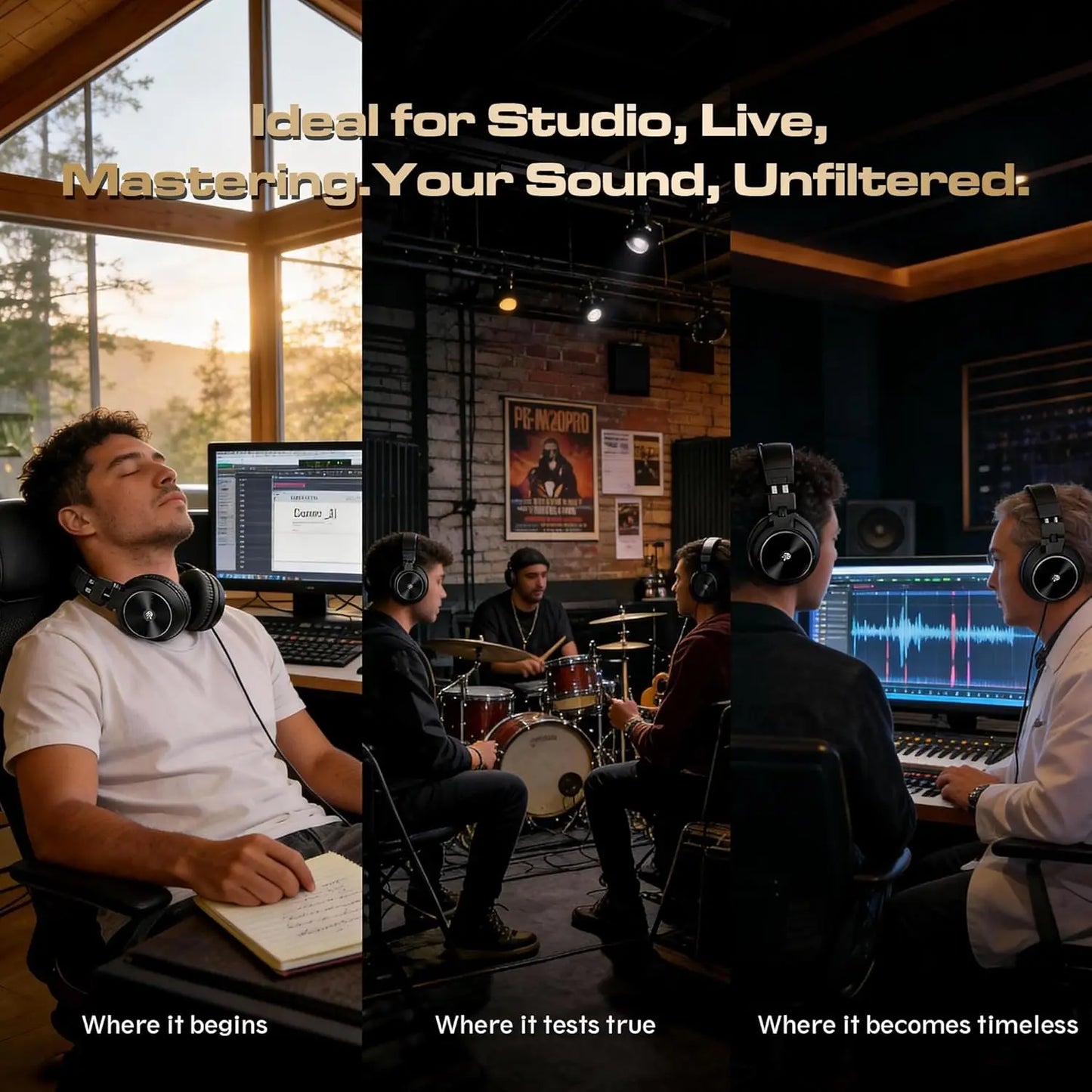 PUPGSIS Studio Monitor Headphones, Over Ear Headphones Wired, Professional 40kHz Hi-Res DJ Stereo Headphones - 1/4 to 3.5mm Jack