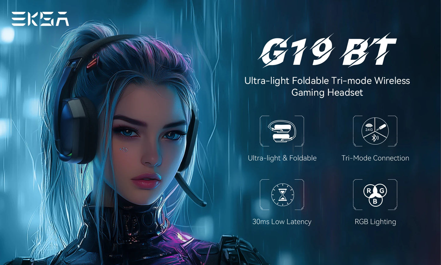 Cuffie gaming wireless tri-mode EKSA G19BT – Bluetooth 5.4, 2.4GHz a bassa latenza, cuffie gaming con microfono per PC, PS5, Xbox