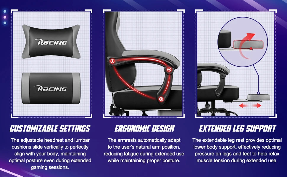 AUTHMIC Ergonomic Gaming Chair with 170° Reclining Backrest, Foldable Footrest, Soft Armrests, Supports 150kg, Breathable Material