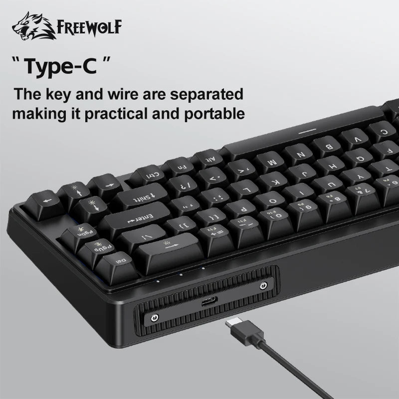 FREEWOLF M68SE tastiera mini cablata a 68 tasti, retroilluminazione RGB, Type-C, layout 68%, compatta, per gaming, ufficio, PC e laptop