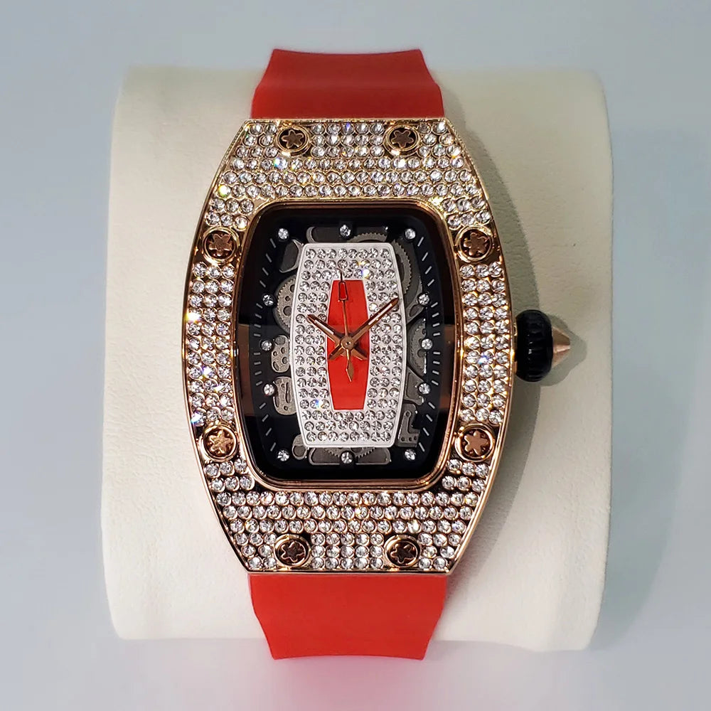 Luxury Diamond Watch For Women Elegant Tonneau Original Design Watches Fashion Ice Out Sport Rubber Strap Waterproof Mille Clock