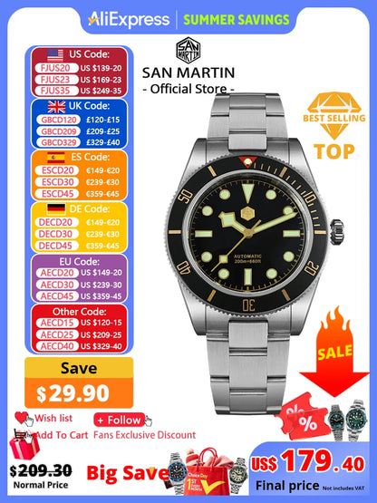 San Martin New 40mm BB58 Retro Luxury Diver Watch NH35 Automatic Mechanical Watches For Men Sapphire Luminous 20Bar Reloj SN0008