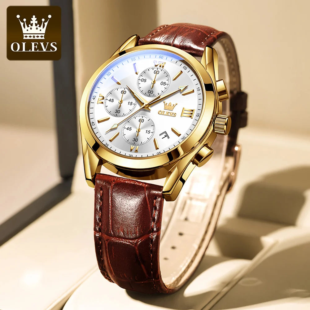 OLEVS 2872 kronografarmbandsur för män – Läderarmband, vattentätt, självlysande visare, kvartsverk, lyxig sportstil
