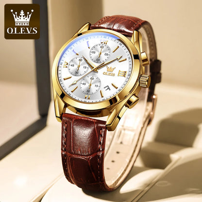 OLEVS 2872 kronografarmbandsur för män – Läderarmband, vattentätt, självlysande visare, kvartsverk, lyxig sportstil