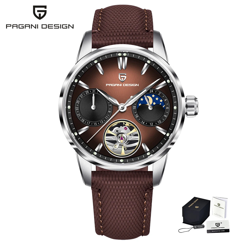 PAGANI DESIGN – Luksuzna mehanska ura za moške, 41 mm, safirno steklo, usnjena zapestnica, vodotesna, v pilotskem slogu, s turbijonom in prikazom lunine faze