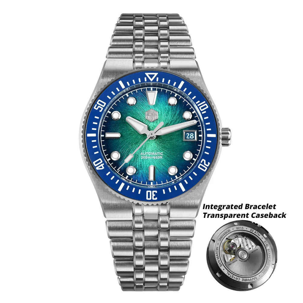 Relógio de mergulho de luxo para homem San Martin 40mm Miyota 9015, mostrador em esmalte sunburst, relógio de pulso mecânico automático, resistente à água 200m, SN0148