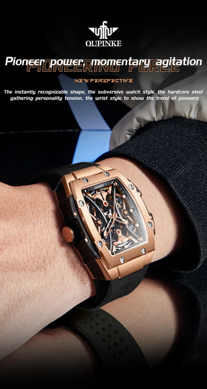 Reloj OUPINKE para hombre, clásico de lujo, esfera tonneau, marca premium original, movimiento mecánico automático, correa de silicona, cristal de zafiro, nuevo