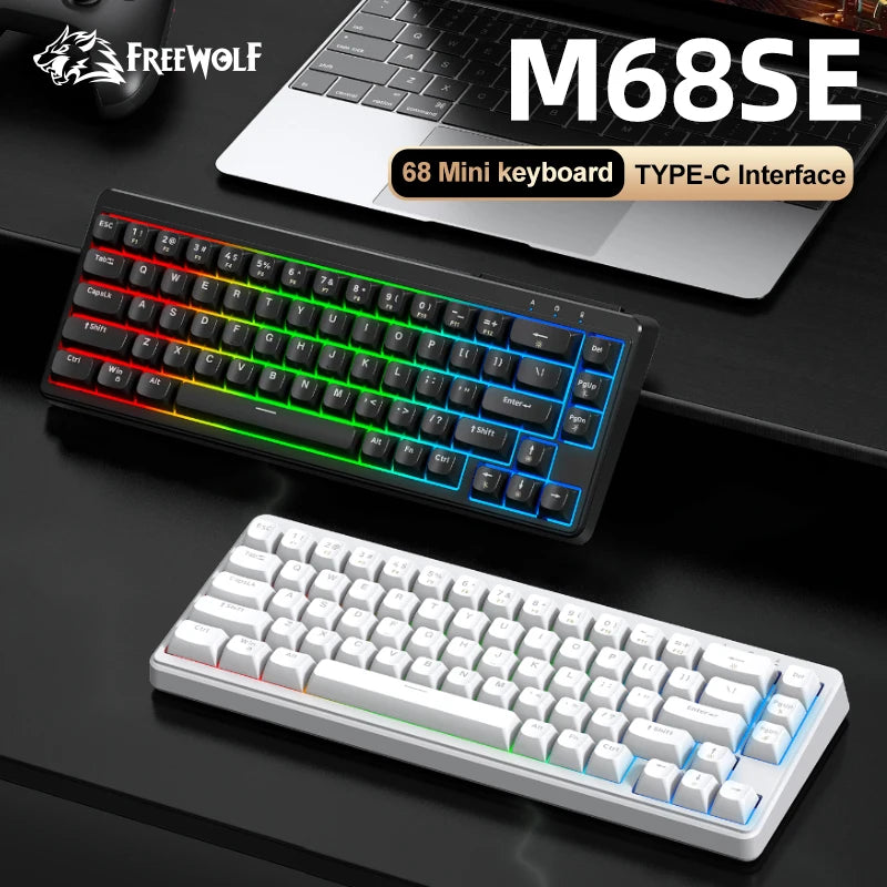 FREEWOLF M68SE 68% Mini Wired Keyboard RGB Backlit Silent Mechanical Feel Type-C Detachable Cable for PC Mac