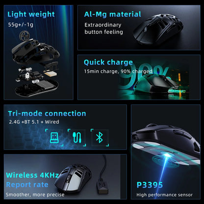 Mouse da gaming wireless DAREU Al-mg Tri-mode 8Khz PBT con ricarica rapida, PAW3950, 30000 DPI, leggero, per PC gamer