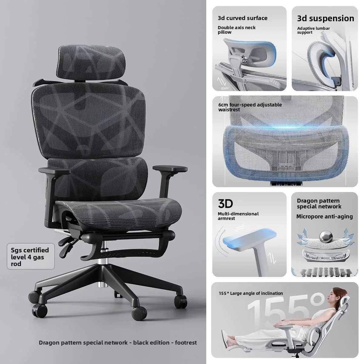 Sedia da ufficio ergonomica regolabile in mesh, sedia da scrivania per computer con schienale alto traspirante, supporto lombare 6D e poggiapiedi retrattile