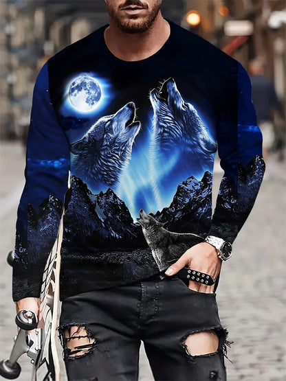 2024 Neues Herren-Langarmshirt mit Wolf-Print – lässiges Herren-Shirt für Frühling und Herbst, Street-Fashion-Langarmshirt