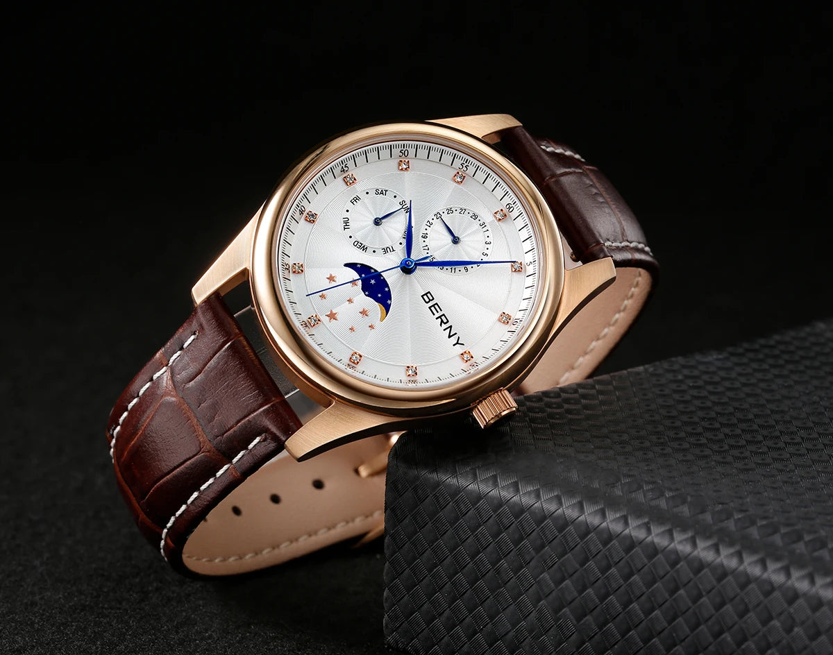 BERNY Men's Watch Date Weeks Moon Phase Quartz Watches for Men Stainless Steel Leather Strap Business Wristwatch Male Clock