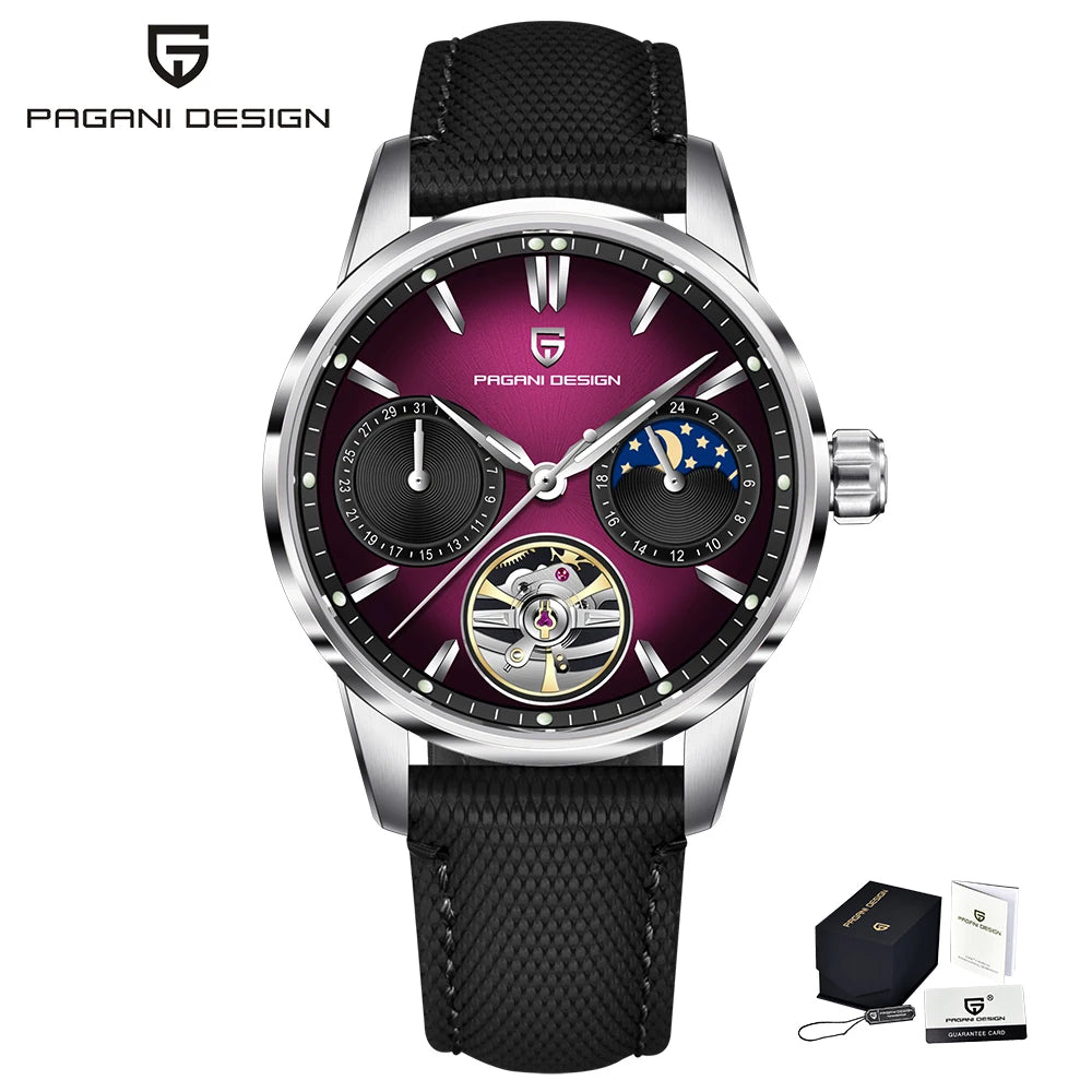 PAGANI DESIGN – Luksuzna mehanska ura za moške, 41 mm, safirno steklo, usnjena zapestnica, vodotesna, v pilotskem slogu, s turbijonom in prikazom lunine faze