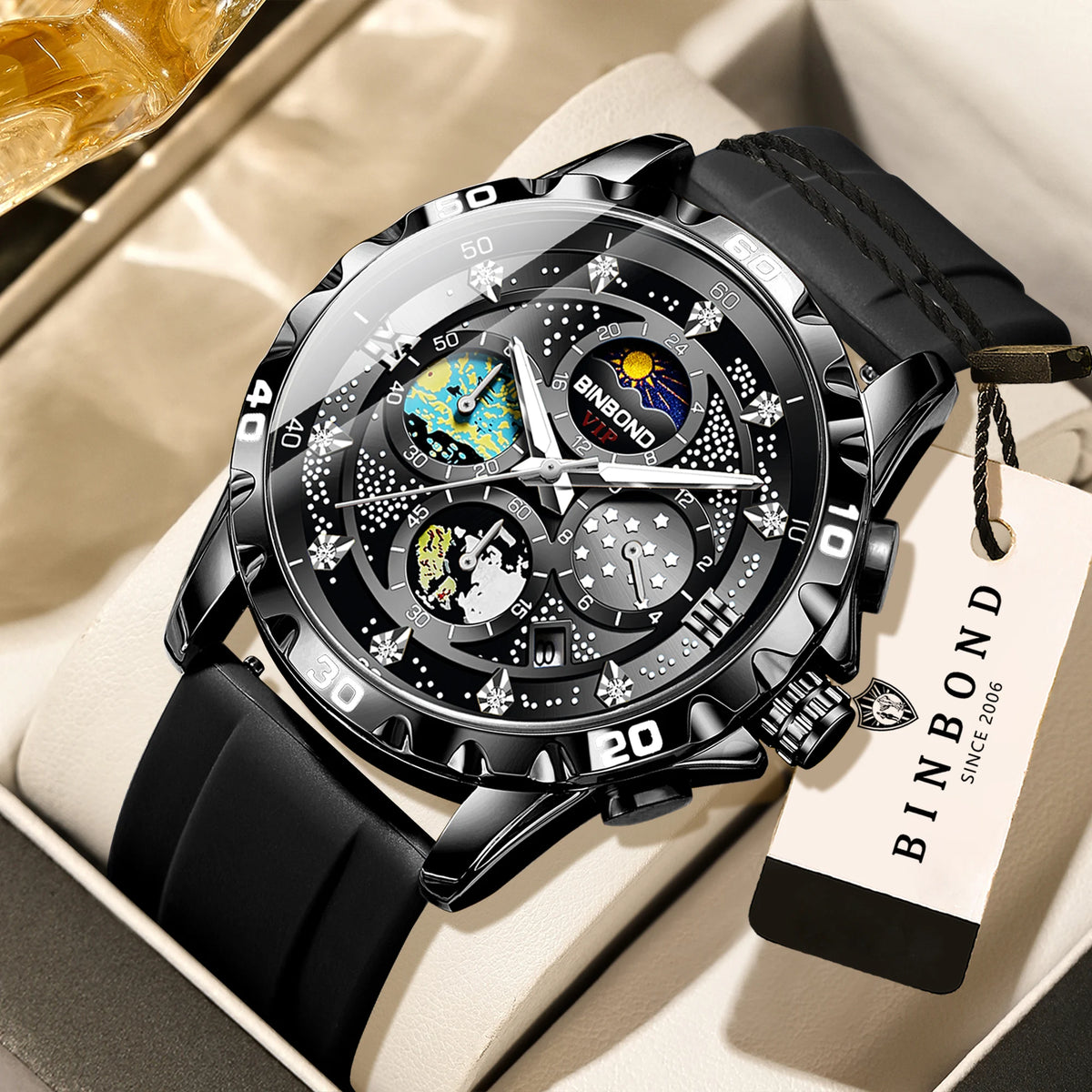 Luxe BINBOND-kwartshorloges voor heren, verlicht, waterdicht, chronograaf met automatische datum, zakelijke, sportieve en casual stijl