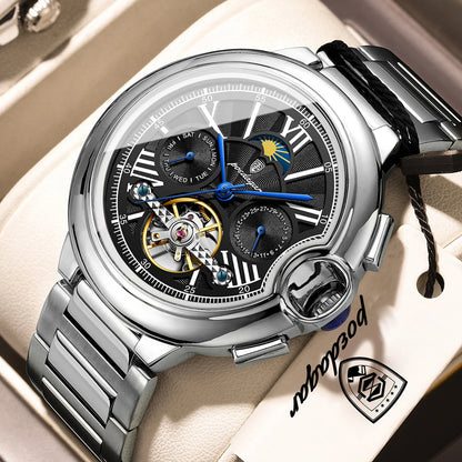 POEDAGAR Luxus-Herrenuhr – Mechanisches Automatikmodell mit Datums- und Wochentagsanzeige, Lederarmband, Tourbillon, wasserdicht, eleganter und professioneller Stil.