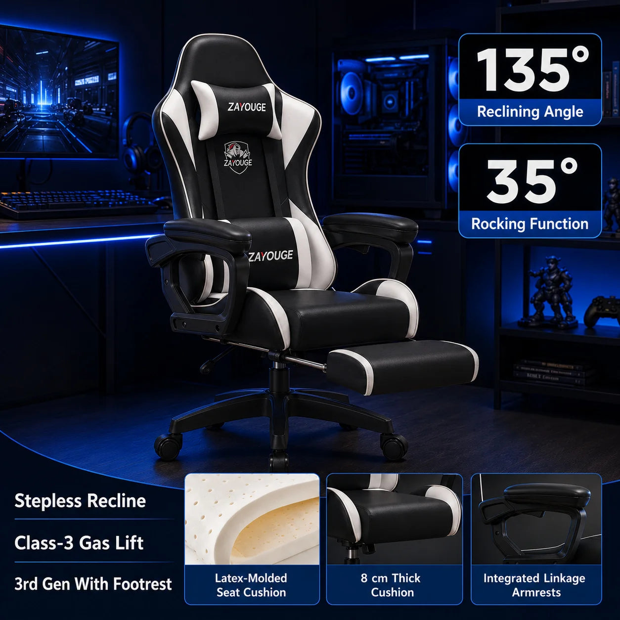 Cadeira de Escritório Gaming Reclinável AOLIVIYA para Computador em Casa, Rotativa, com Elevação, Encosto e Apoio para Pés, para Cybercafé e E-Sports