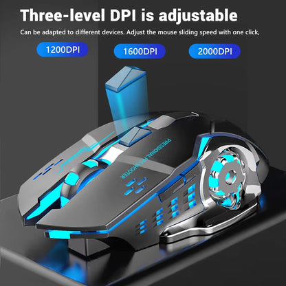 Ratón gaming Mecha inalámbrico Bluetooth 2.4G USB, recargable, silencioso y retroiluminado, ratón ergonómico para oficina, accesorios de juego