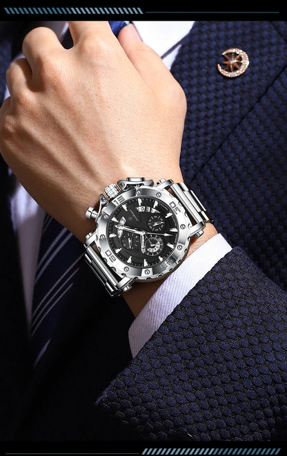 POEDAGAR Herren-Luxusuhr, leuchtend, wasserdicht, Chronograph, Datumsanzeige, Edelstahl, Quarz, Reloj