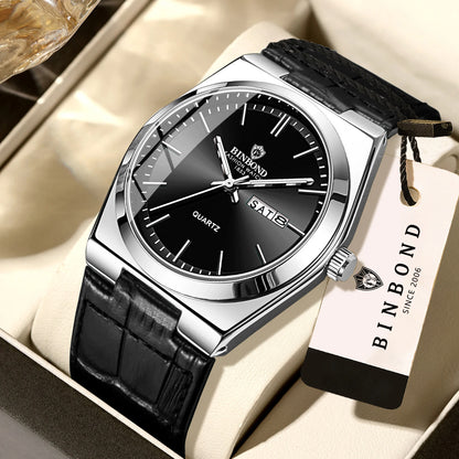 Montre-bracelet à quartz BINBOND de luxe avec bracelet en cuir, précise, lumineuse, étanche, affichage automatique de la date et du jour de la semaine, durable, pour homme.
