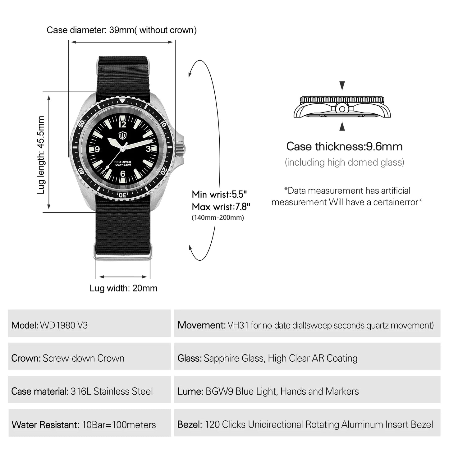 Reloj de lujo Watchdives WD1980 V3 con movimiento de cuarzo VH31 de segundero fluido, cristal de zafiro con revestimiento AR, resistencia al agua 10Bar, reloj para hombre