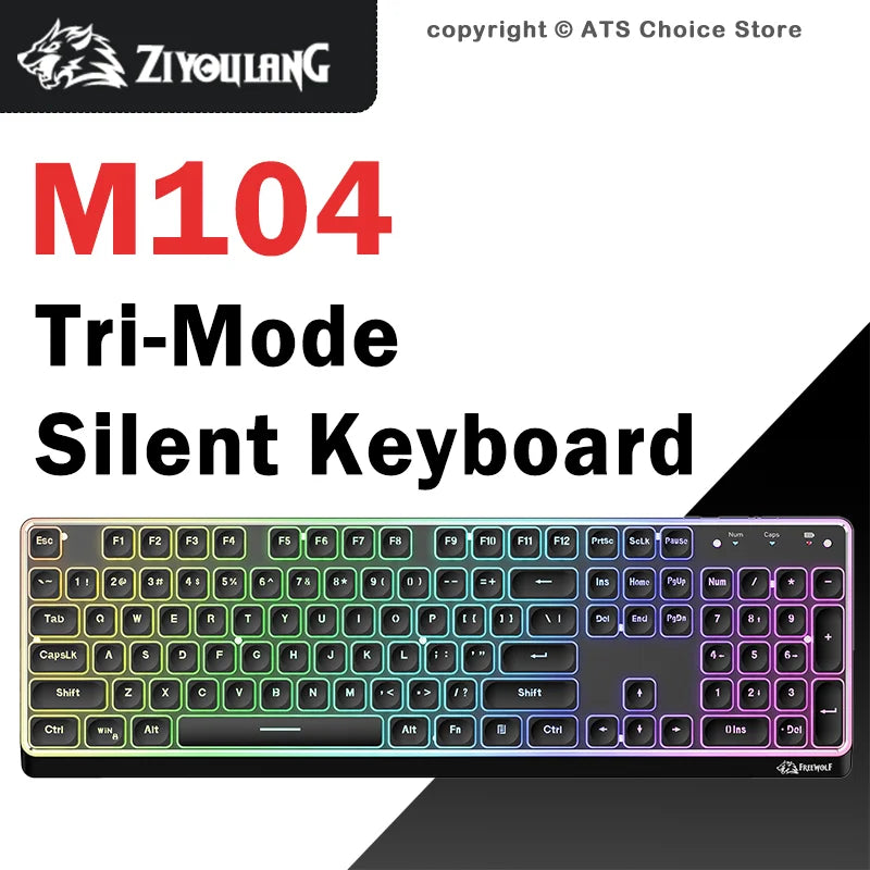 Freewolf M104 Tri-Mode Wireless Keyboard RGB 104 Keys Ultra Slim Quiet Membrane 4000mAh Large Battery for Office & Home