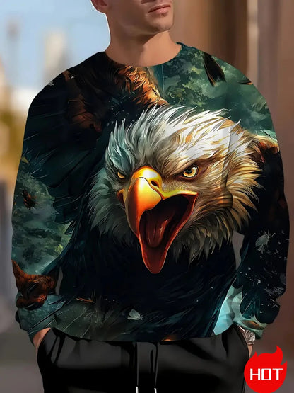 Herren-Sweatshirt mit Adler-Print, langärmelig, Streetwear, 3D-Tierdruck, Hip-Hop-Oberteil für Männer, Plus Size, Rundhals-Pullover