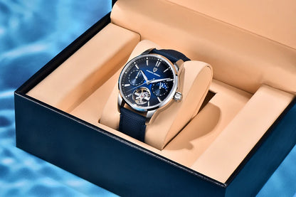 PAGANI DESIGN – Luksuzna mehanska ura za moške, 41 mm, safirno steklo, usnjena zapestnica, vodotesna, v pilotskem slogu, s turbijonom in prikazom lunine faze