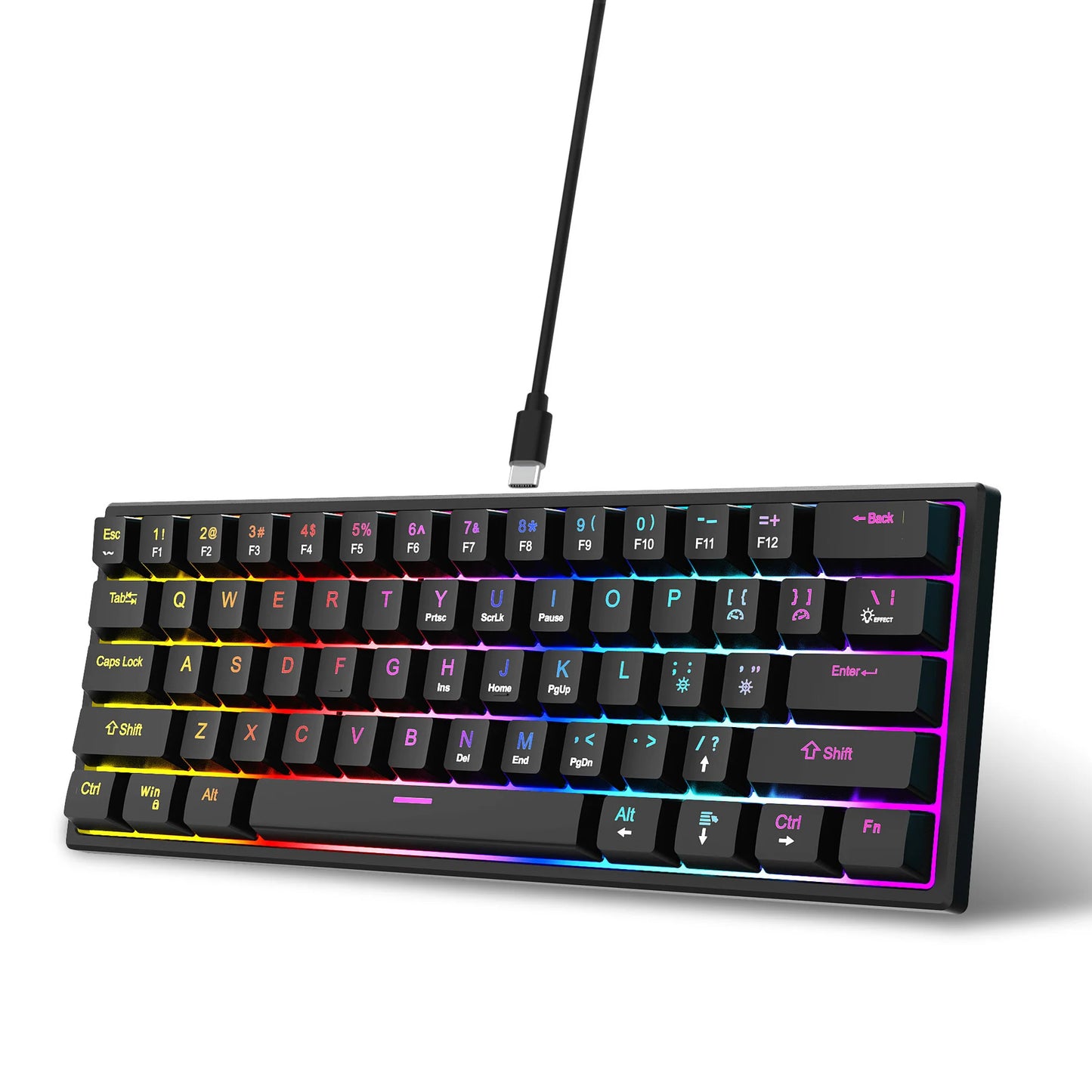 Teclado Gaming com Fio de 104 Teclas com Sensação Mecânica para Portátil e PC, Ergonómico, Retroiluminado RGB, 61 Teclas, Switches Cyan e Keycaps