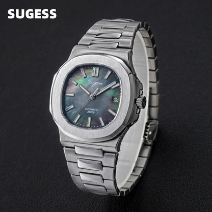 Orologio da uomo Sugess automatico meccanico, movimento Miyota 9015, quadrante MOP, luminoso, impermeabile 5bar, bracciale di lusso S466