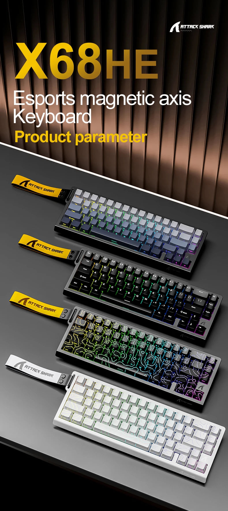 Teclado com interruptores magnéticos ATTACK SHARK X68HE com fios e FREEWOLF F68 com fios F68Pro sem fios para gaming profissional 8K Hz 0.01mm Rapid Trigger