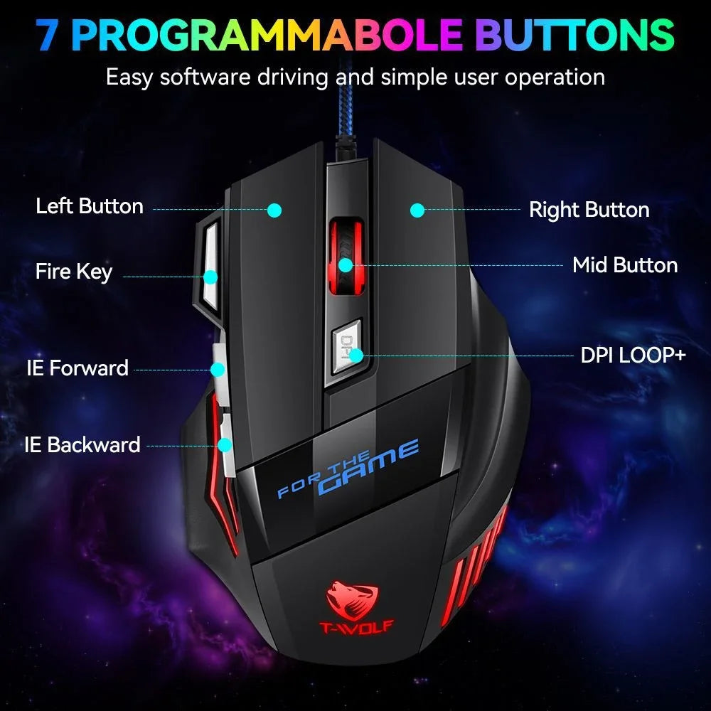Mouse da gaming cablato KEBIDUMEI, 7 pulsanti, retroilluminazione RGB, mouse USB ergonomico, 2400 DPI, 3 livelli DPI, per PC, laptop, Windows e Mac OS
