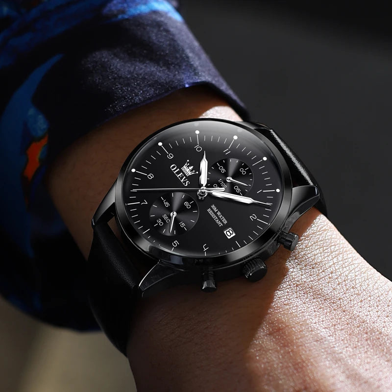 OLEVS 2880 Herrenuhr – Eleganter, schlichter Chronograph, Lederarmband, automatische Datumsanzeige, wasserdicht, leuchtende Zeiger, Quarzwerk.