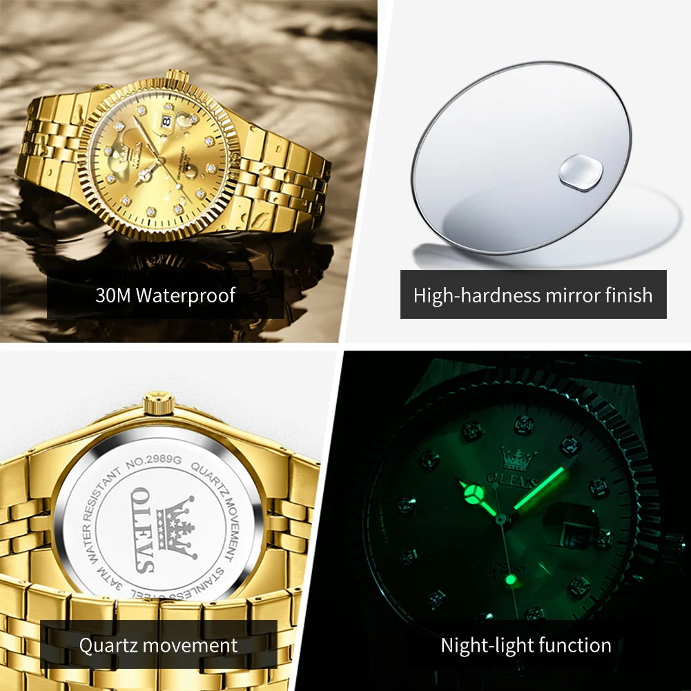 OLEVS New Quartz Man Watch Luxury Brand Diamond Dial Steel Strap Watch for Men Auto Date Waterproof Luminous Men's Watches 2989