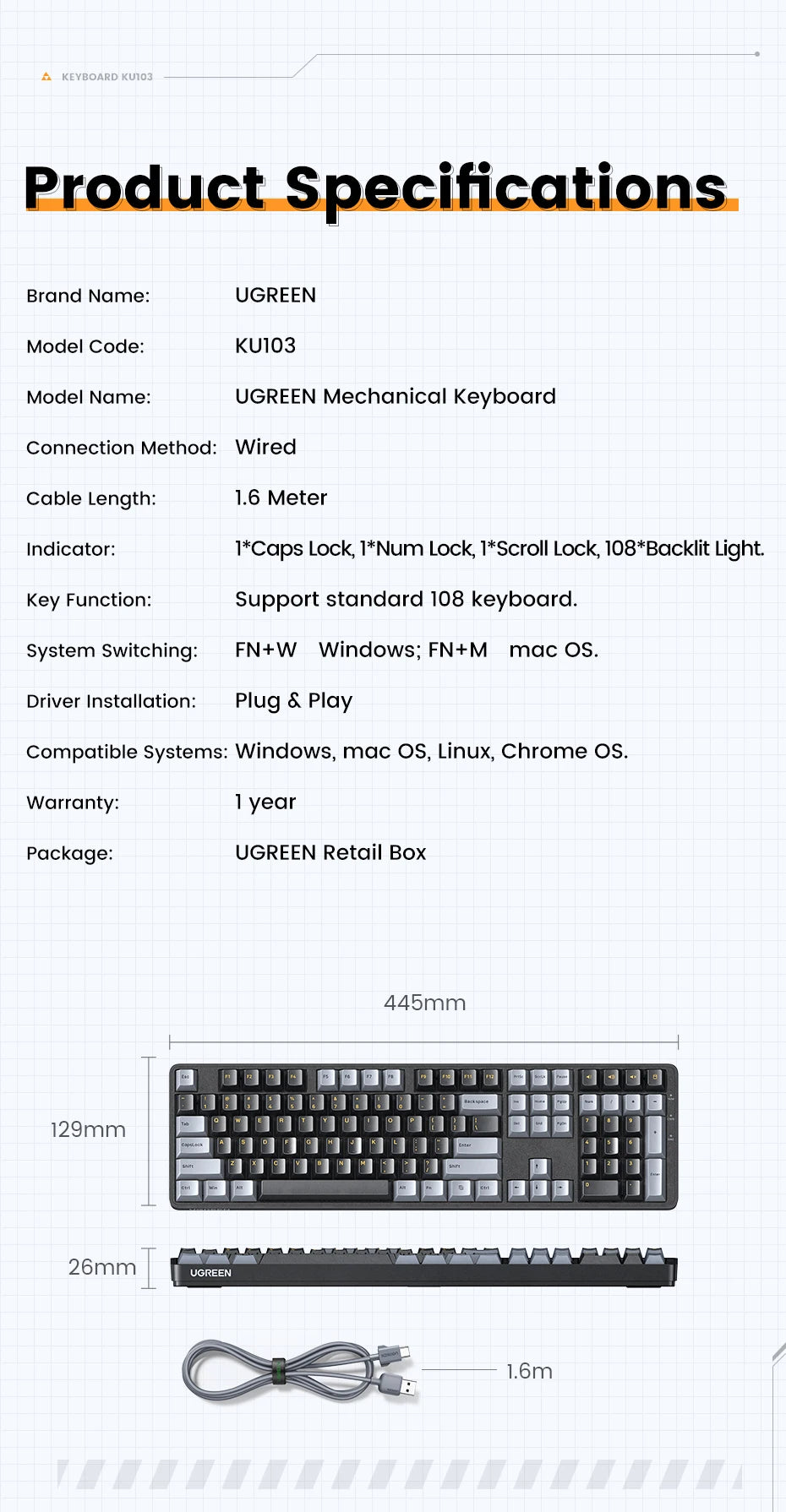 Teclado mecánico UGREEN 108 teclas PBT, teclado con cable, interruptores rojos, ruso/coreano/EN, para ordenador de sobremesa y portátil, Windows, Mac OS y gaming