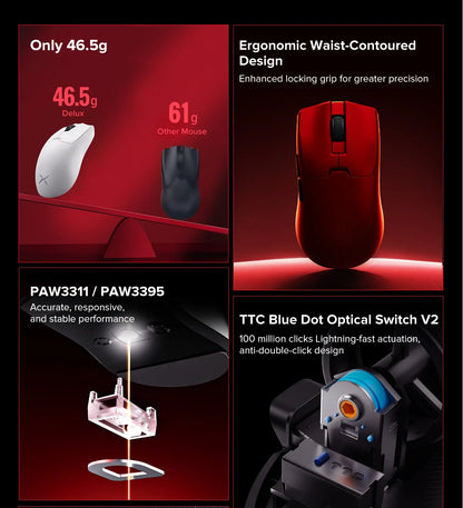 Delux M800mini trådlös gamingmus, 46g lätt, PAW3395/PAW3311, 1KHz polling rate för PC-gamers med små till medelstora händer