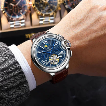 POEDAGAR Luxus-Herrenuhr – Mechanisches Automatikmodell mit Datums- und Wochentagsanzeige, Lederarmband, Tourbillon, wasserdicht, eleganter und professioneller Stil.