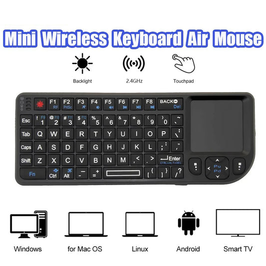 Teclado sem Fios A8 Mini 2.4G com Retroiluminação em 7 Cores, 3 em 1, Teclado Portátil com Touchpad e Air Mouse para Android TV Box, PC e Tablet