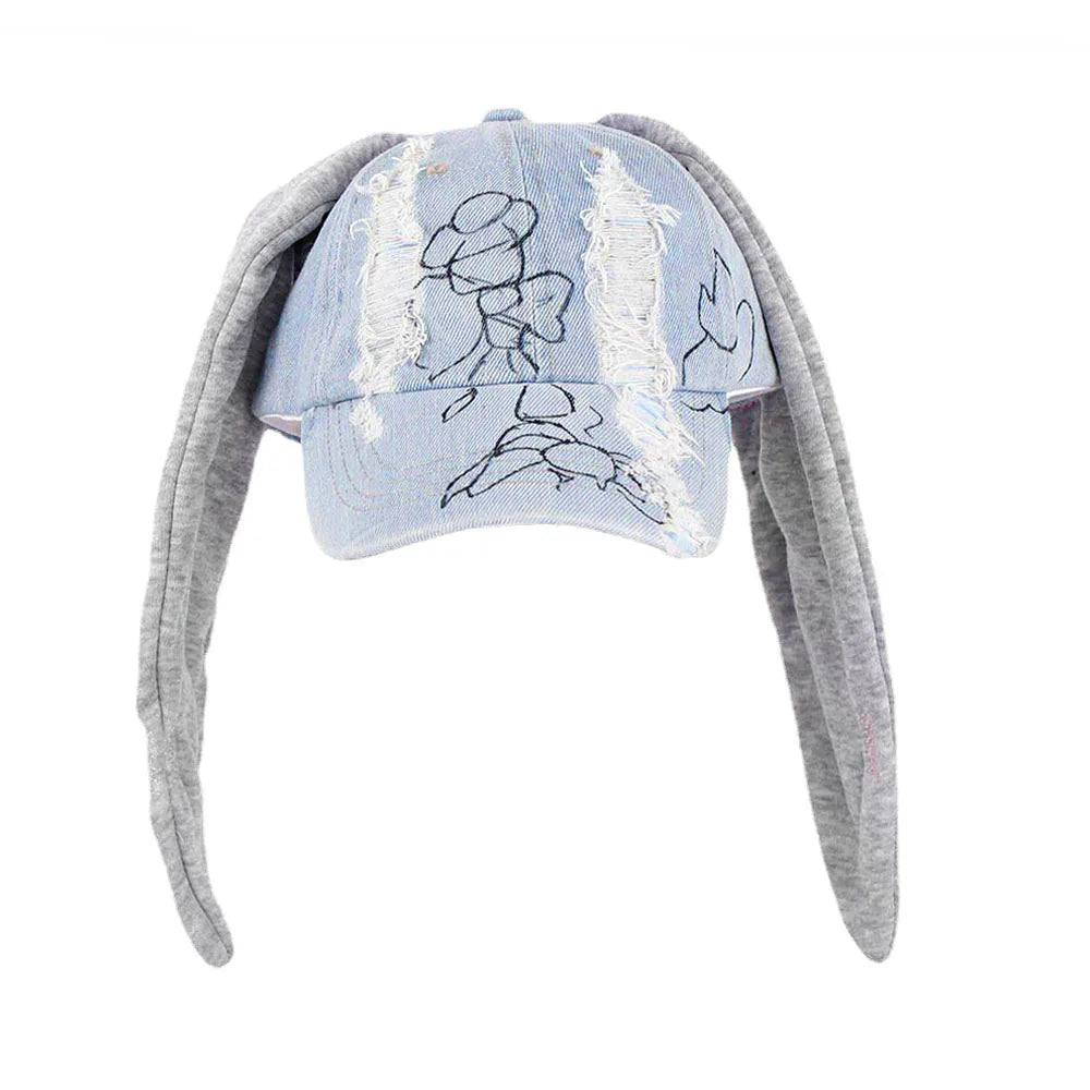 New MinJi Haerin OMG Stage Long Rabbit Ear Hat Y2K Style Denim Blue Baseball Cap Fashion Hip-Pop Cap Couple Birthday Gifts