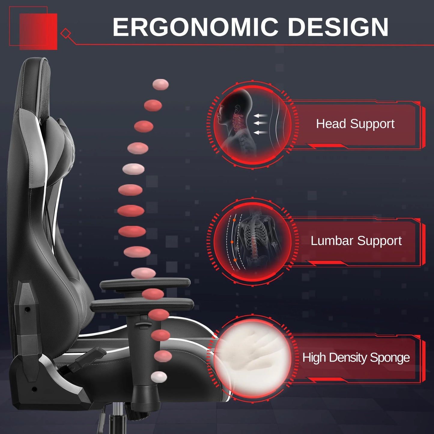 Gaming Chair, Ergonomic, with Headrest Lumbar Pillow, 135° Reclining, PU Leather Computer Chair, Black Gray