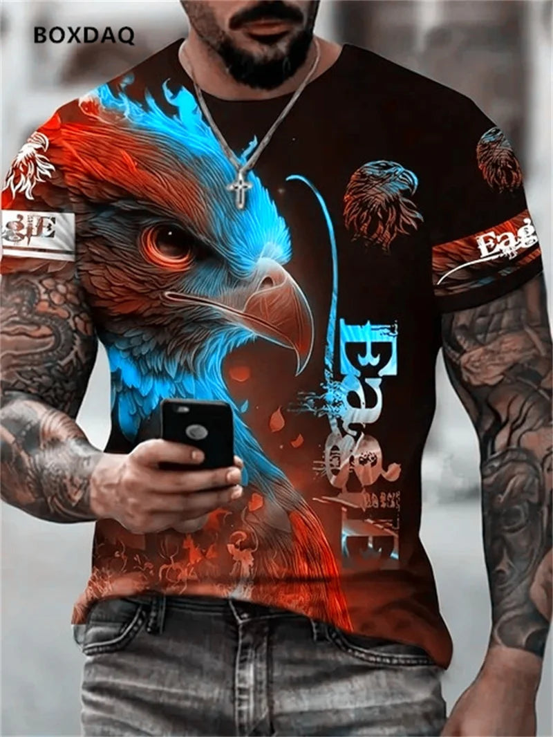 T-shirts Fashion Eagle para homem, corte largo, gola redonda, tops casuais de manga curta, estampado 3D de animal, T-shirt streetwear, tamanho grande 6XL, tee respirável