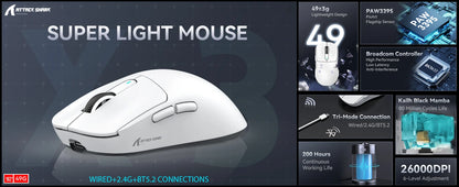 Ratón gaming inalámbrico ATTACK SHARK X3, ratón ergonómico para PC de 49g, tres modos, sensor óptico PAW3395 de 26K DPI, botones programables