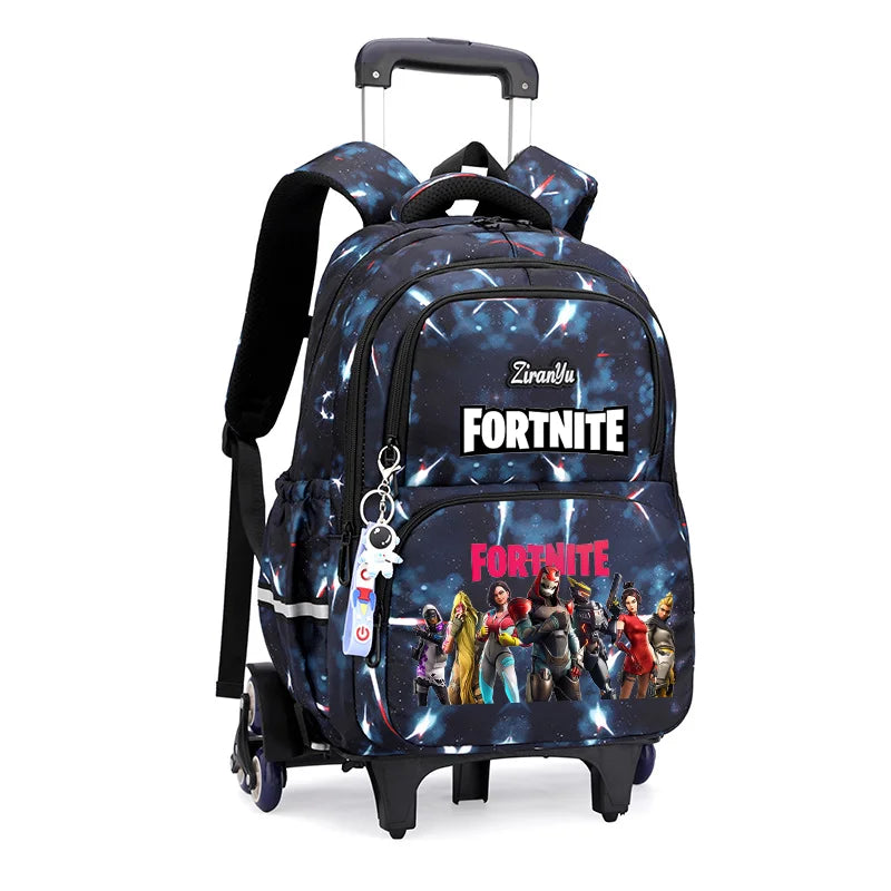 Mochila com Rodas Fortnite Anime, Impermeável, de Grande Capacidade, para Estudante — Saco Escolar Casual de Viagem com Carrinho e Subida Fácil de Escadas