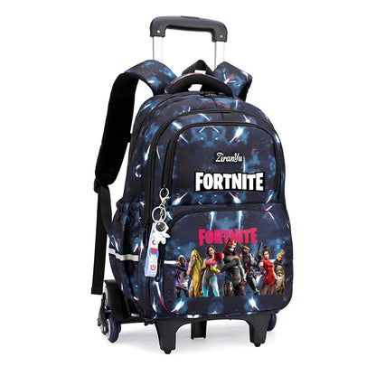 Mochila com Rodas Fortnite Anime, Impermeável, de Grande Capacidade, para Estudante — Saco Escolar Casual de Viagem com Carrinho e Subida Fácil de Escadas