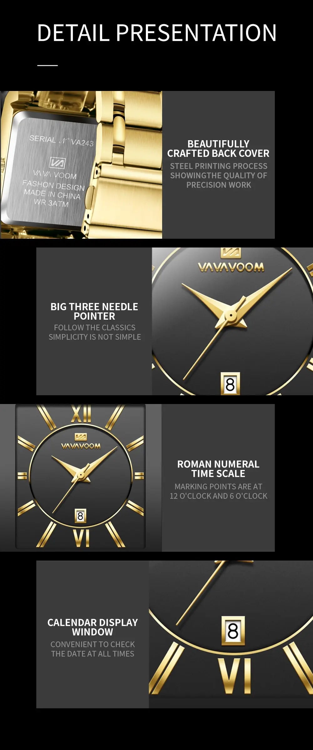Men Business Watch Simple Design Luxury Fashion Rectangular Black Gold Stainless Steel Calendar Waterproof Quartz Men's Watches