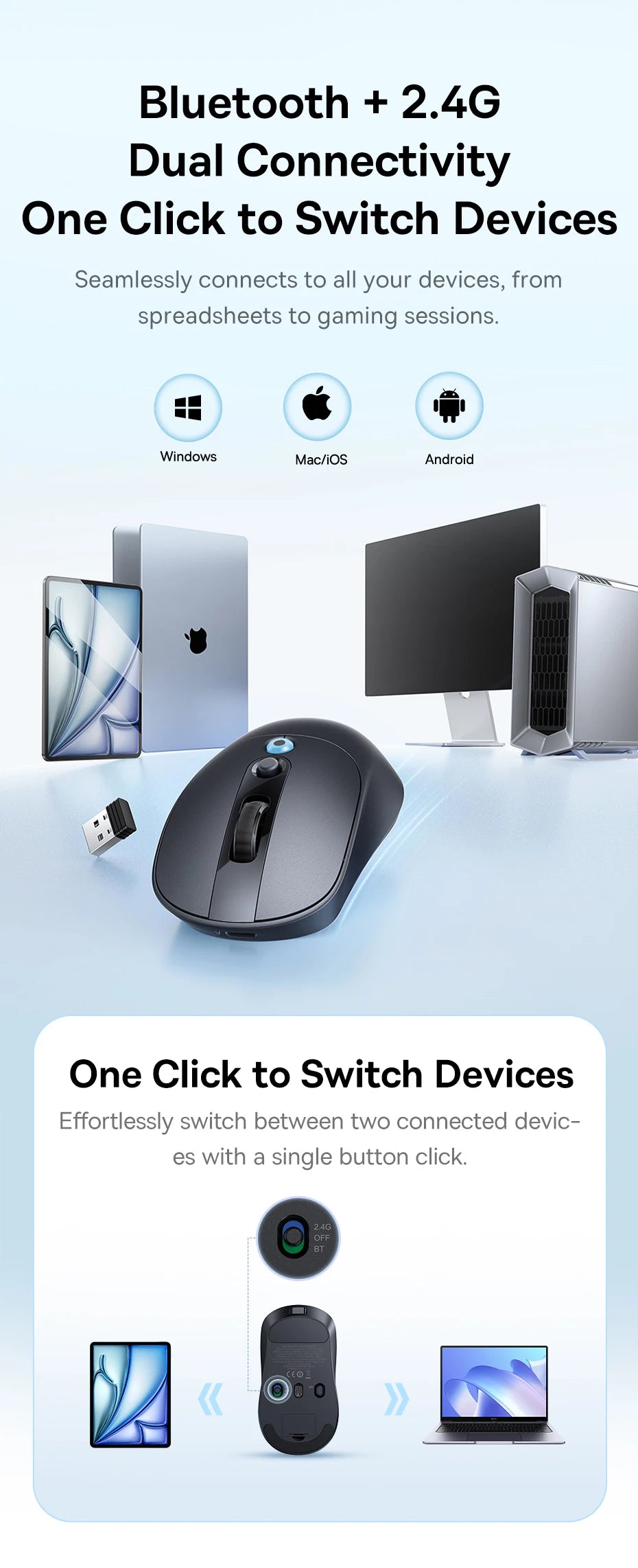 【NOU】Mouse wireless ergonomic Baseus EM2 Bluetooth 5.3 2.4G, încărcare Type-C, ultra-ușor și silențios, cu buton personalizabil