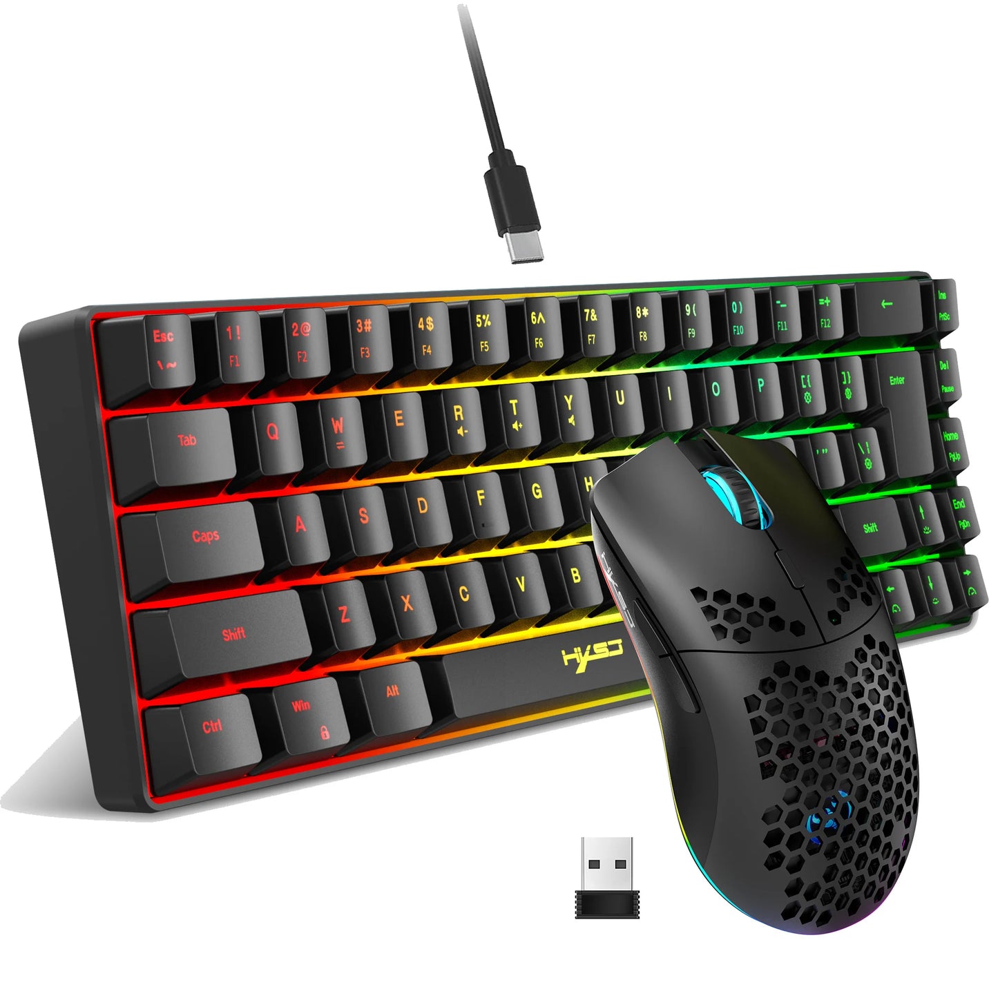 Conjunto gaming portátil HXSJ 60% RGB de teclado y ratón: teclado de membrana con cable de 68 teclas y ratón inalámbrico ligero de 3 modos para PC y Mac