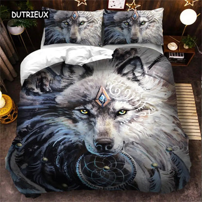Conjunto de Cama 3D Lobo Preto e Branco com Apanhador de Sonhos em Estilo Tribal Étnico, Capa de Edredão para Adolescentes, Adultos, Mulheres e Homens, Decoração de Quarto