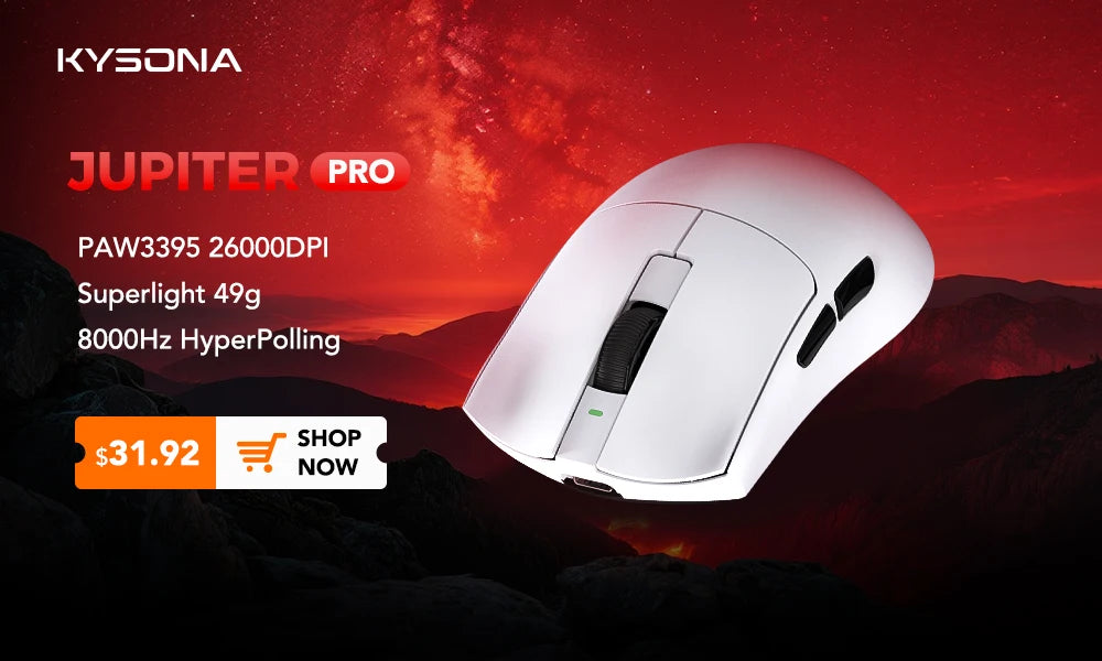 Ratón gaming KYSONA serie Jupiter con cable e inalámbrico, 8Khz, sensor PAW3950, Bluetooth, 46g, recargable, controlador web para PC y portátil